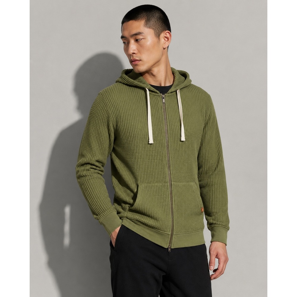 LL Bean Mens Waffle Knit Full Zip Hoodie Olive Green 517785 Regular Medium NWOT